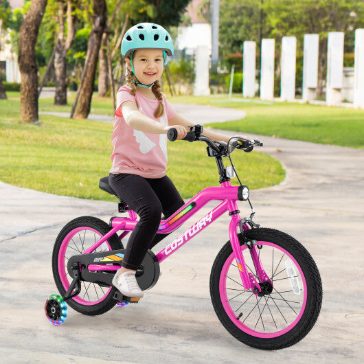 Patented 16 Inch LED Lighted Kids Bike with Training Wheels and Headlight for Ages 4-7 Years-16 inches - Color: Pink - Size: 16 inches