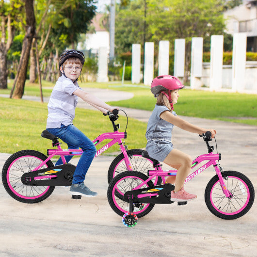 Patented 16 Inch LED Lighted Kids Bike with Training Wheels and Headlight for Ages 4-7 Years-16 inches - Color: Pink - Size: 16 inches