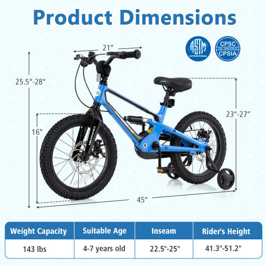 16 Inch Kids Bike Adjustable with Shock Absorber and Bell for Aged 4 to 7-16 inches - Color: Blue - Size: 16 inches