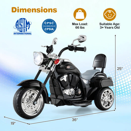 6V Powered Toddler 3-Wheel Motorbike Ride On Toy with Horn and Headlight-Black - Color: Black