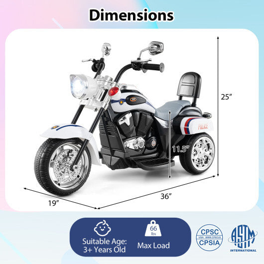6V Powered Toddler 3-Wheel Motorbike Ride On Toy with Horn and Headlight-Black and White - Color: Black & White