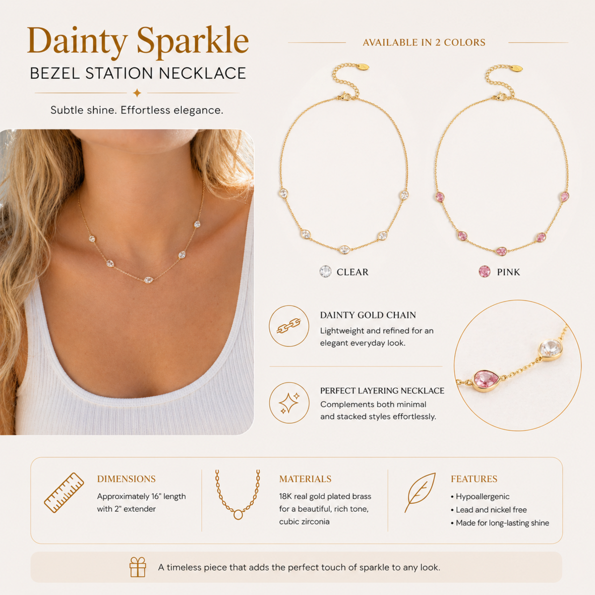 Teardrop Gem Station Necklace – Dainty Gold Chain with Color Accents-4