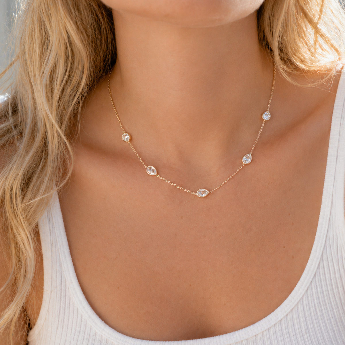 Teardrop Gem Station Necklace – Dainty Gold Chain with Color Accents-3