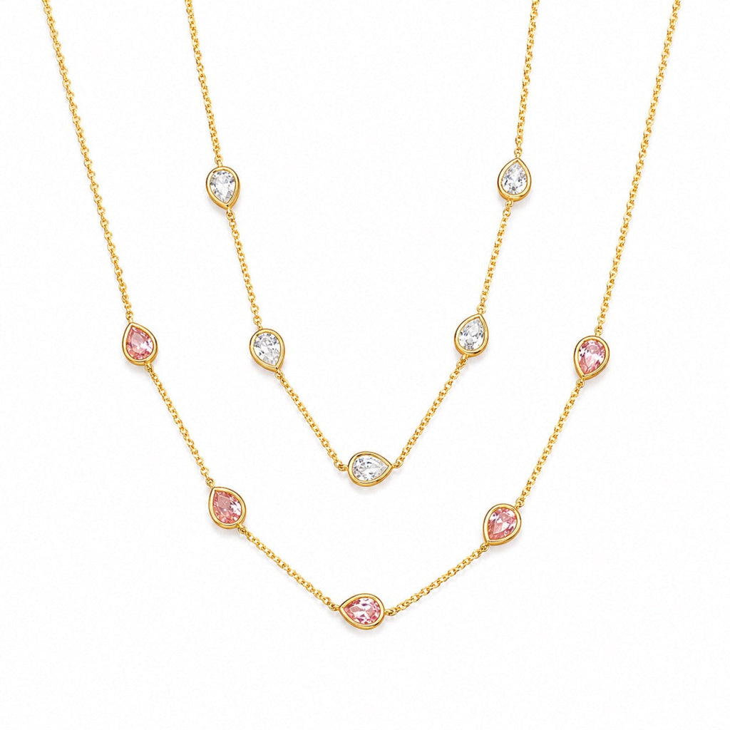 Teardrop Gem Station Necklace – Dainty Gold Chain with Color Accents-0