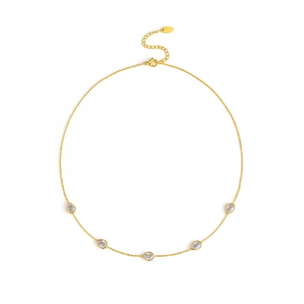 Teardrop Gem Station Necklace – Dainty Gold Chain with Color Accents-1
