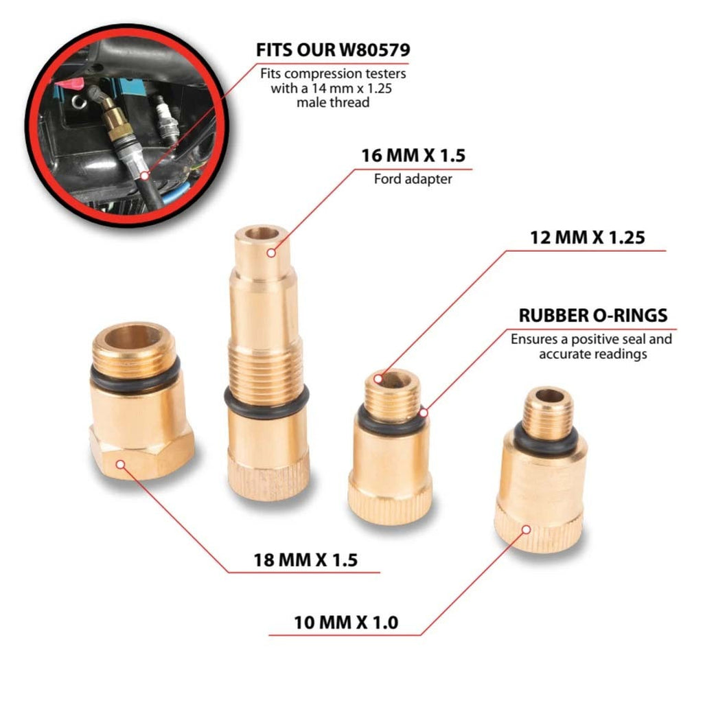 Performance Tool Compression Tester Spark Plug Adapters Set (4 Piece)