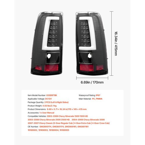 Tail Light Assembly Compatible with 2003-2006 Chevy Silverado 1500 1500 HD 2500 2500 HD 3500, 2007-2007 Chevy Classic, 2PCS Driver & Passenger Side LED Taillight Brake Lamps with Bulbs, Black