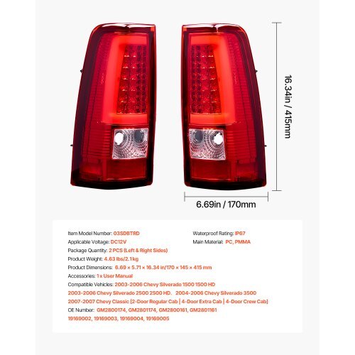 Tail Light Assembly Compatible with 2003-2006 Chevy Silverado 1500 1500 HD 2500 2500 HD 3500, 2007-2007 Chevy Classic, 2PCS Driver & Passenger Side LED Taillight Brake Lamps with Bulbs, Red