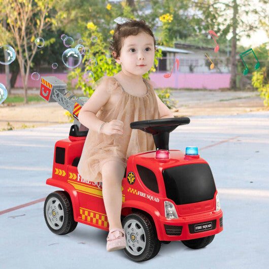 Costway Kids Push Ride On Fire Truck with Ladder Bubble Maker and Headlights-Red