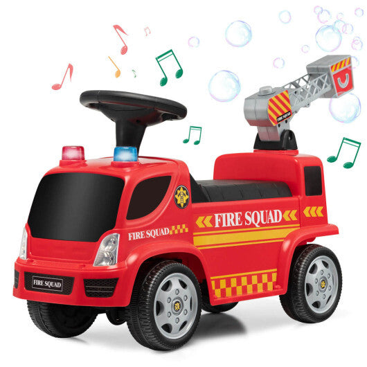 Costway Kids Push Ride On Fire Truck with Ladder Bubble Maker and Headlights-Red
