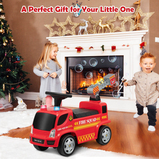 Costway Kids Push Ride On Fire Truck with Ladder Bubble Maker and Headlights-Red
