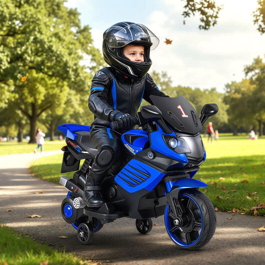 Costway 6V Kids Motorcycle with Headlights Music and Detachable Training Wheels-Navy - Color: Navy