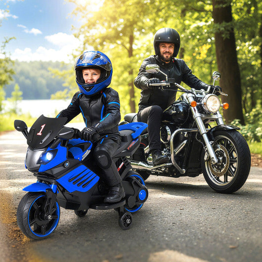 Costway 6V Kids Motorcycle with Headlights Music and Detachable Training Wheels-Navy - Color: Navy