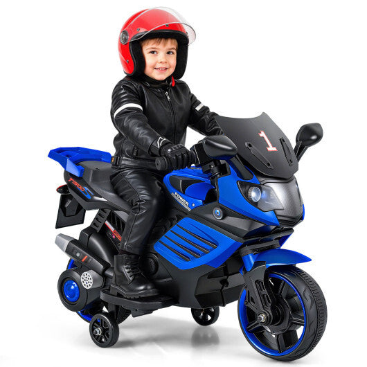 Costway 6V Kids Motorcycle with Headlights Music and Detachable Training Wheels-Navy - Color: Navy