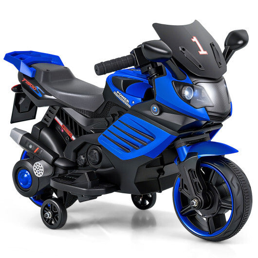Costway 6V Kids Motorcycle with Headlights Music and Detachable Training Wheels-Navy - Color: Navy