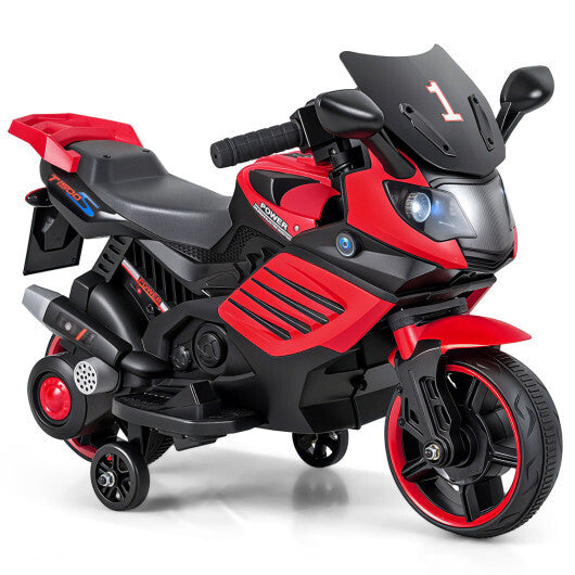 Costway 6V Kids Motorcycle with Headlights Music and Detachable Training Wheels-Red