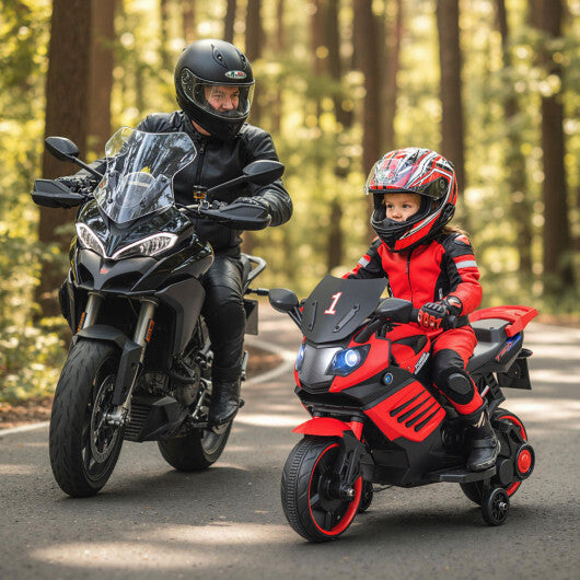 Costway 6V Kids Motorcycle with Headlights Music and Detachable Training Wheels-Red - Color: Red