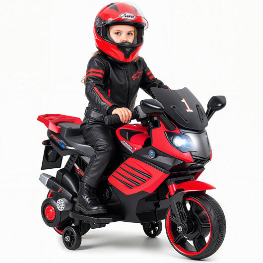Costway 6V Kids Motorcycle with Headlights Music and Detachable Training Wheels-Red - Color: Red