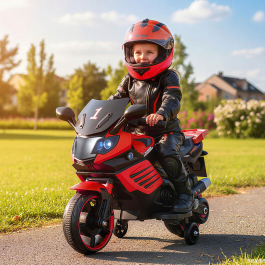 Costway 6V Kids Motorcycle with Headlights Music and Detachable Training Wheels-Red