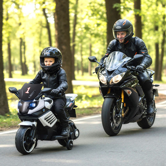 Costway 6V Kids Motorcycle with Headlights Music and Detachable Training Wheels-White - Color: White