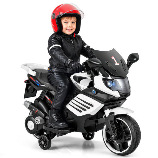 Costway 6V Kids Motorcycle with Headlights Music and Detachable Training Wheels-White