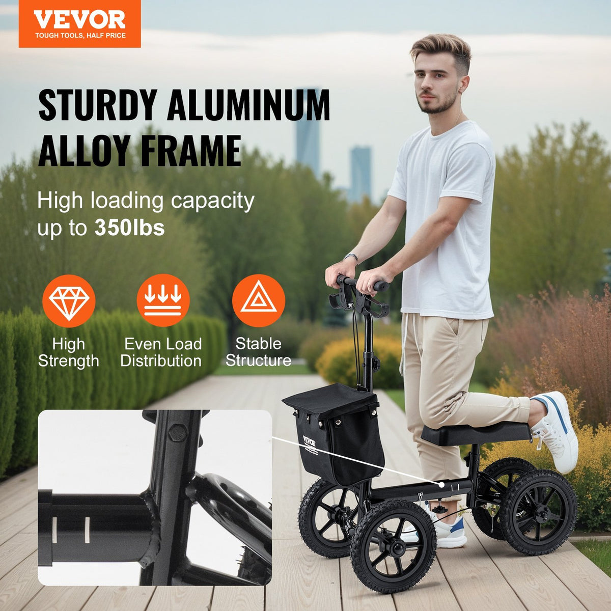 Folding Knee Scooter, Aluminum Steerable Knee Walker with Height-Adjustable Handlebar & Knee Pad, 12" All-Terrain Wheels, Dual Brakes, Leg Recovery Scooter for Broken Ankle Foot Injuries, 350LBS