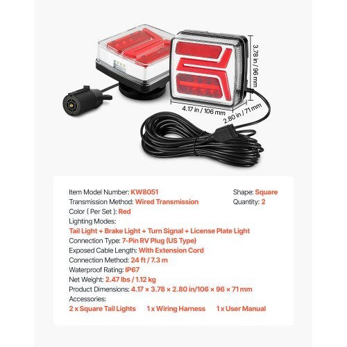 Trailer Lights, 2PCS 12V Square Magnetic LED Trailer Tail Lights Kit with Stop Brake Turn Tail License Lamp, Waterproof Tow Lighting Kit with Wiring Harness for Boat Truck Camper RV Snowmobile
