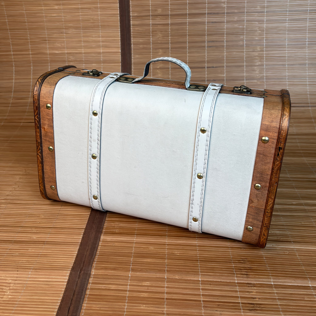 Vintage Cream Wooden Storage Suitcase with Handle