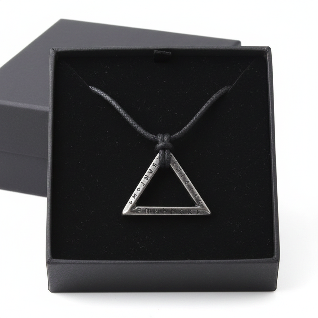Viking Triangle Rune Pendant Necklace – Stainless Steel Norse Amulet with Wooden Gift Box
