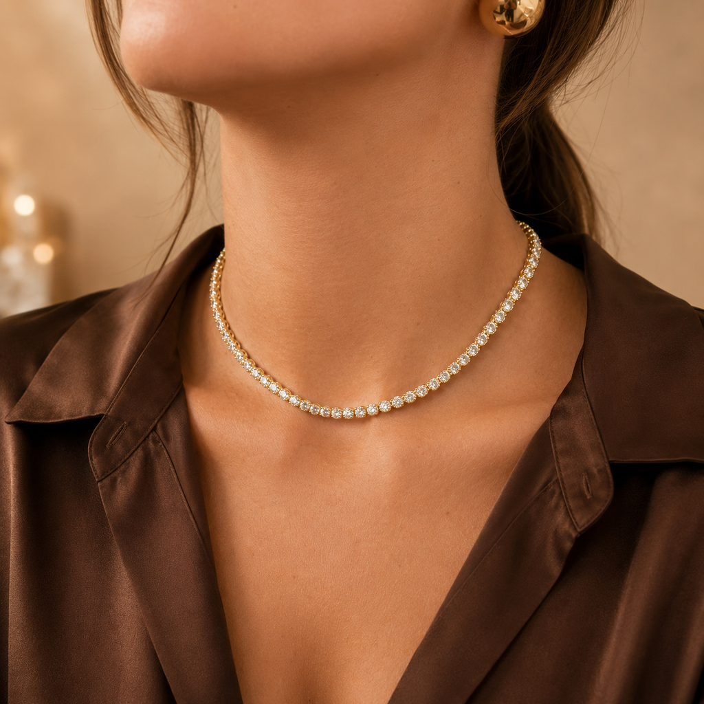 Choker Necklace With Round Clear CZ Cubic Zirconia Stones (F239)