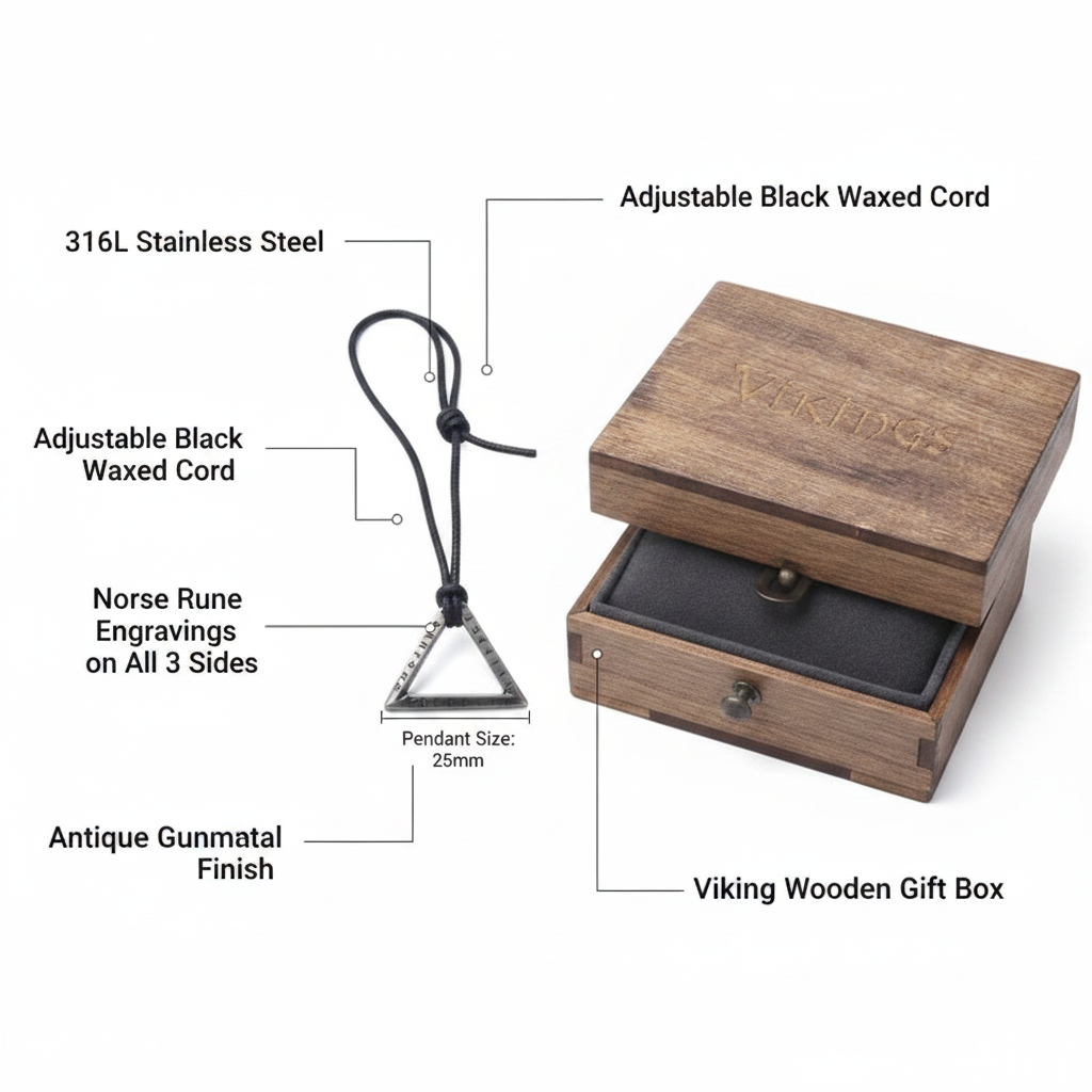 Viking Triangle Rune Pendant Necklace – Stainless Steel Norse Amulet with Wooden Gift Box