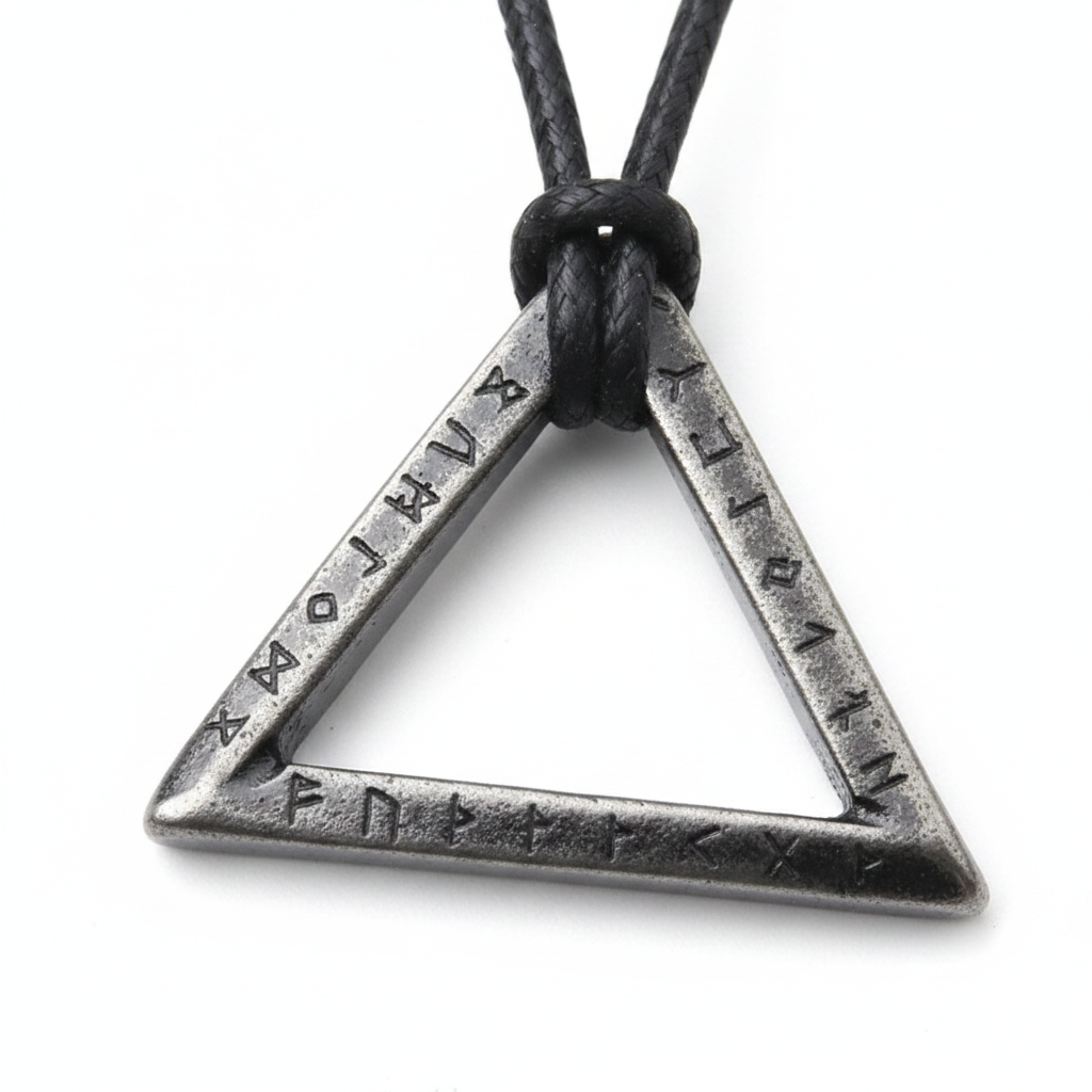 Viking Triangle Rune Pendant Necklace – Stainless Steel Norse Amulet with Wooden Gift Box