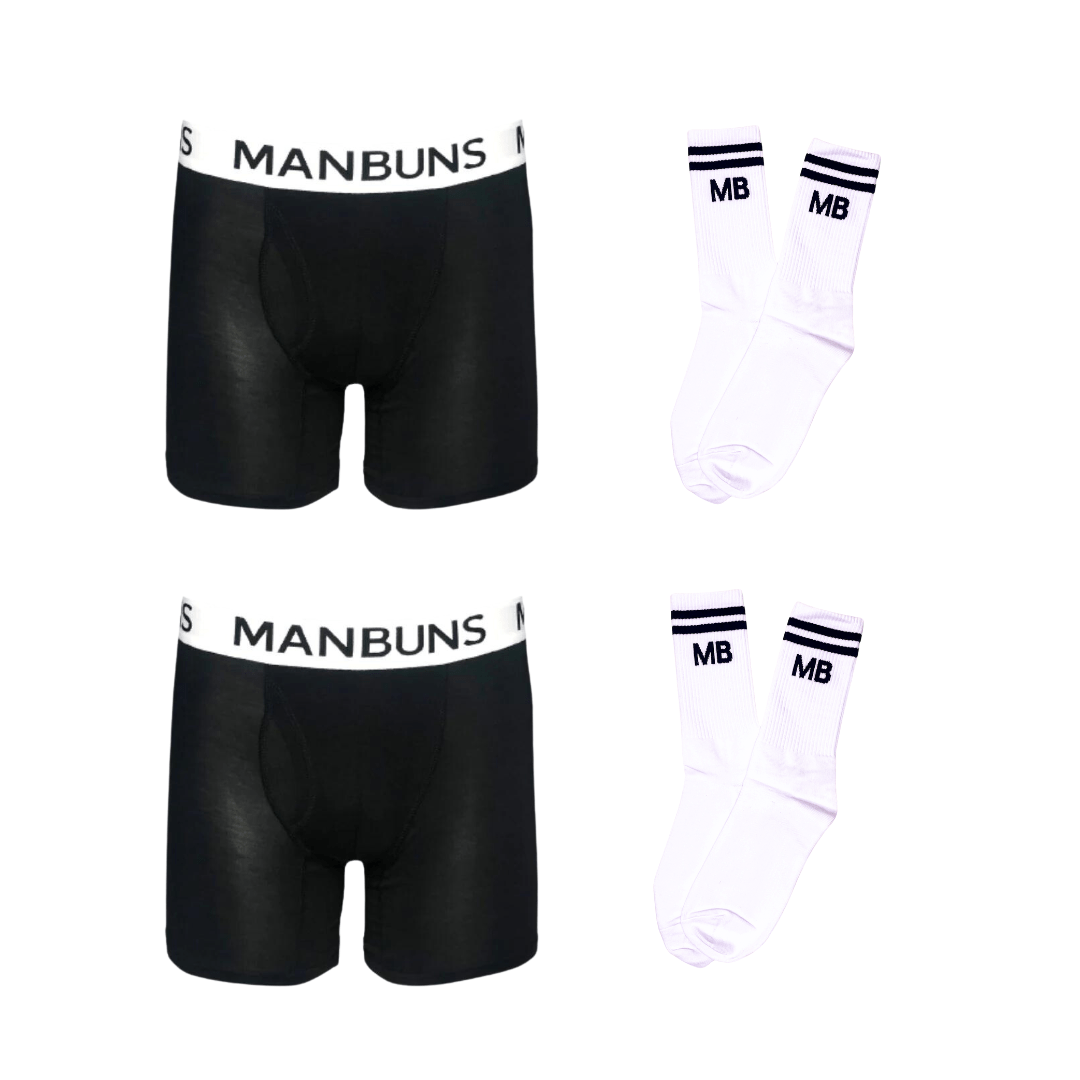 Men's Classic Black Boxer Brief Underwear with Pouch and Athleisure Crew Sock Double Buns & Socks Set