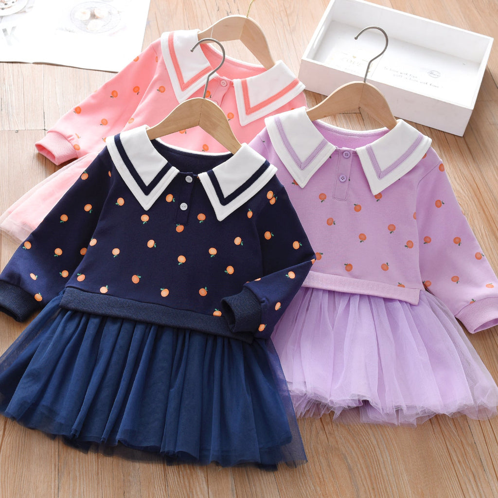 MyKids-USA® Baby Girl Fruit Pattern College Style Lapel Design Mesh Patchwork Dress