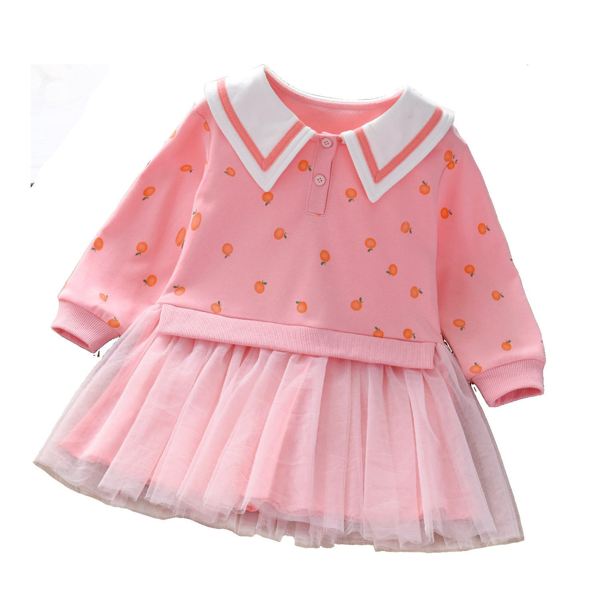 MyKids-USA® Baby Girl Fruit Pattern College Style Lapel Design Mesh Patchwork Dress