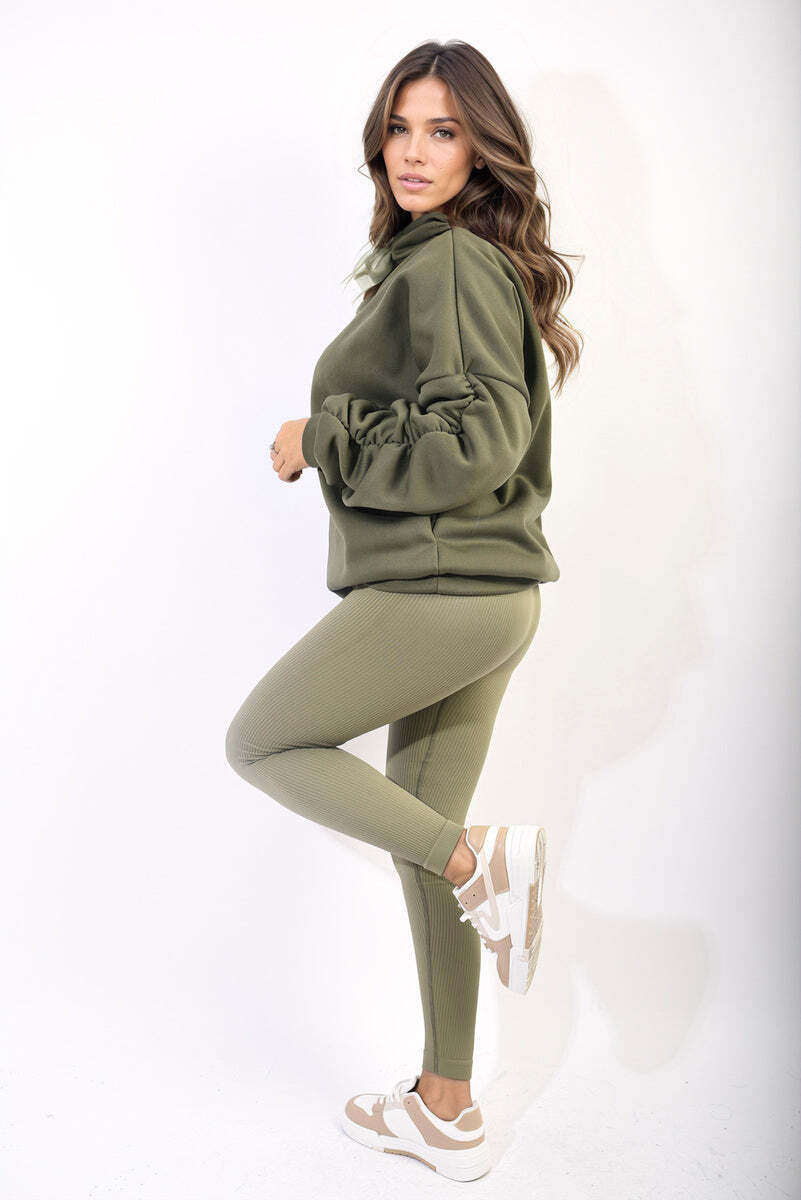 Oversized Ruched Sleeves Knitted Hoodie with Ribbon Detail-LIGHT GREY / S/M