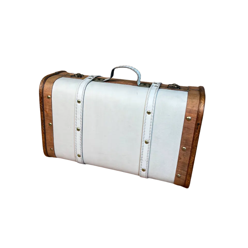 Vintage Cream Wooden Storage Suitcase with Handle