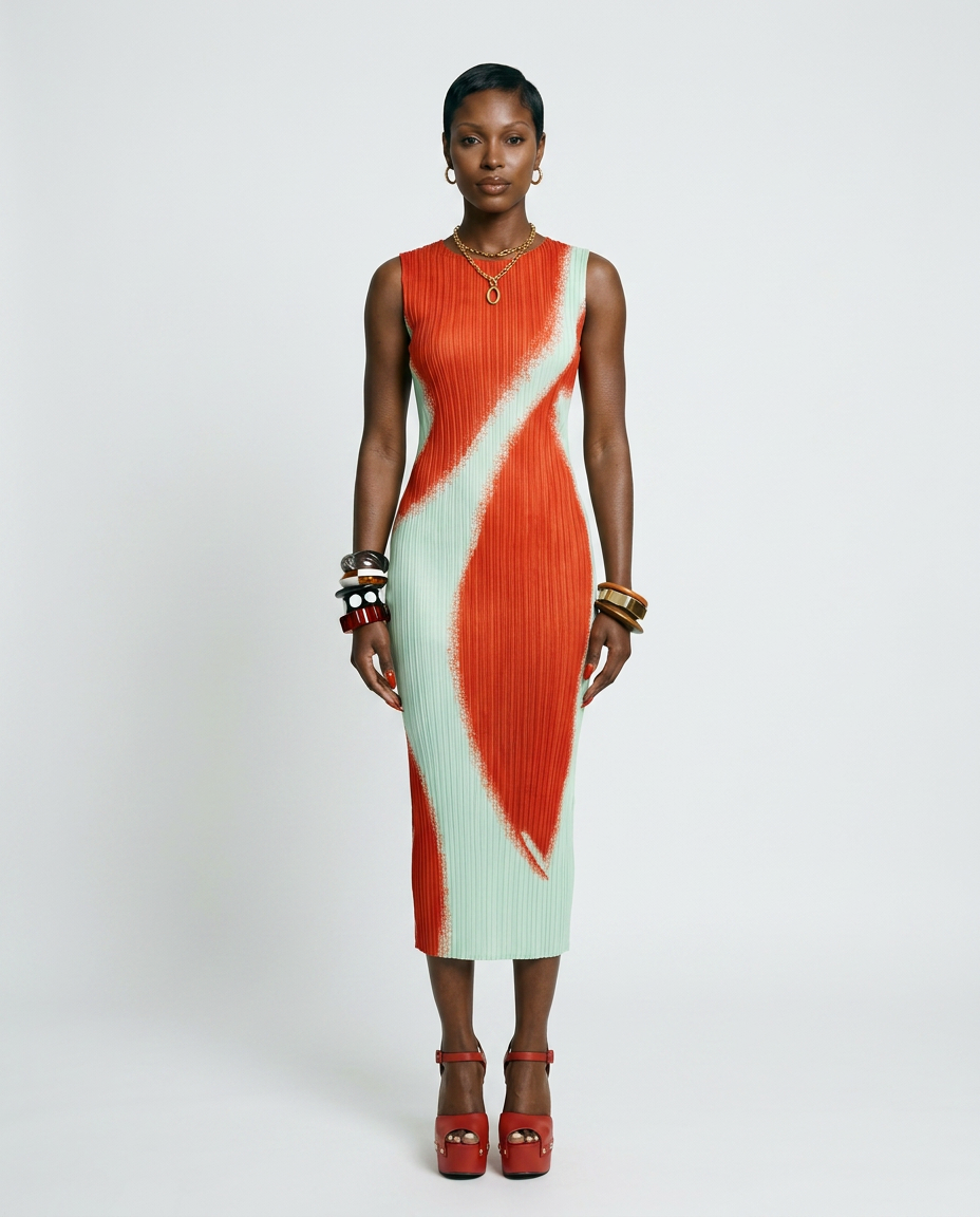 Vibrant Geometric Pleated Midi Dress